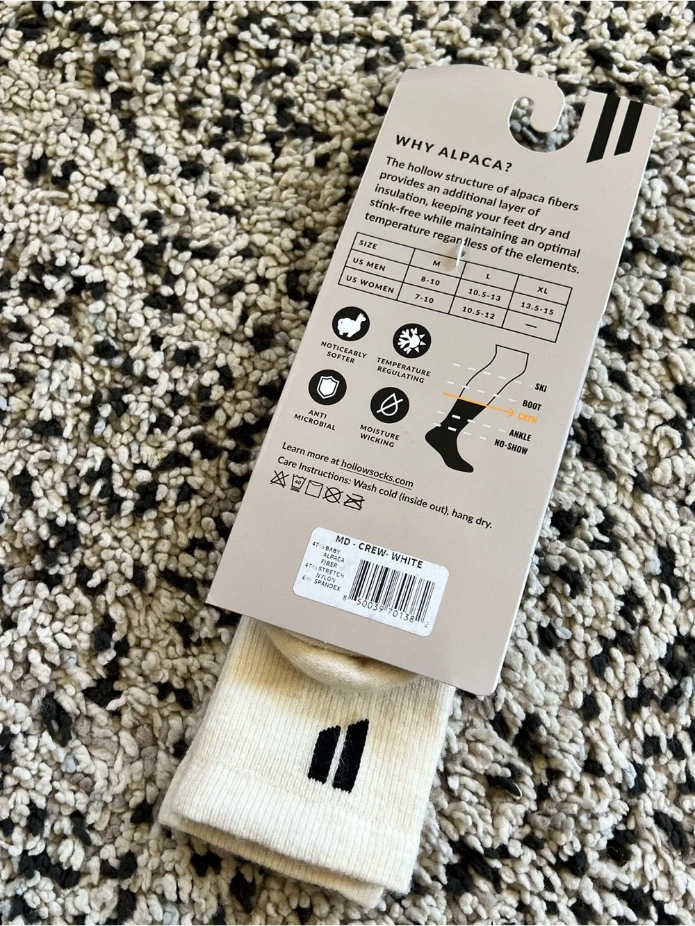 Hollow Alpaca Socks Crew White Unisex Adult Size Medium
